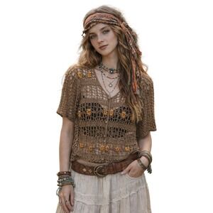 Saint Tropez Brown Crochet Open Knit Top M Floral 70s Boho Gypsy Festival Hippie
